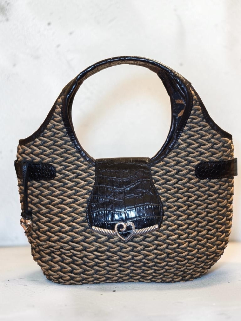 Brighton Woven Straw Circle-Handle Tote with Black Croc Trim